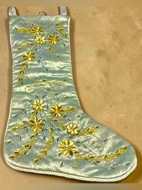 Glitz + Glimmer Christmas Stocking Gold Snowflake Embellished & Beaded  19" VTG